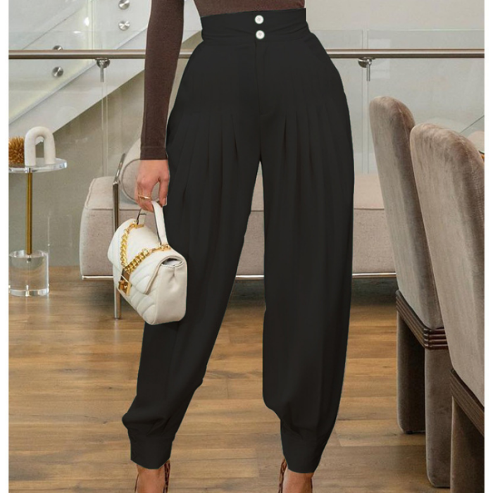 Casual Loose Women's High Waist Street Fashion Solid Color Retro Button Pants