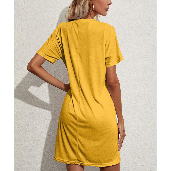 Fashion Crew Neck Short Sleeve Casual Loose Pocket Dress