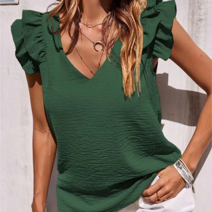 Elegant Fashion Pleated Sleeveless V Neck Loose Solid Color  Blouses & Shirts