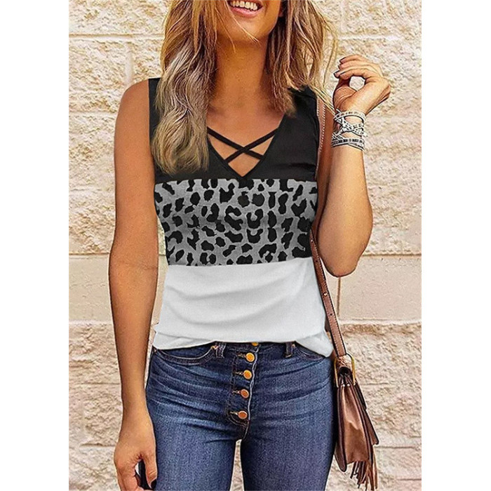 Women's Hollow V-neck Casual Vest Color Matching Sleeveless T-Shirts