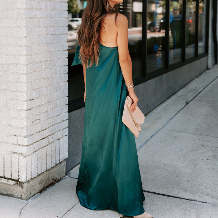 Fashion Sleeveless Loose Elegant One Shoulder Bohemian Casual Solid Maxi Dress