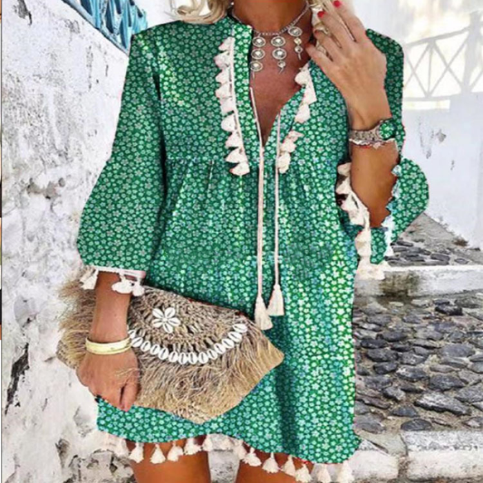 Bohemian Vacation Fashion Casual Print V Neck Half Sleeves Tassel Loose Mini Dress