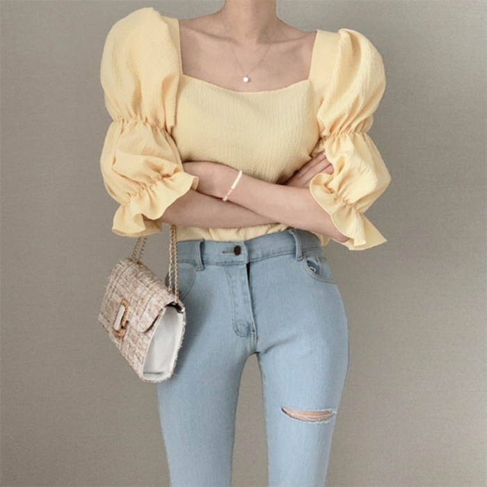 Women's Vacation Sweet Puff Sleeve Simple Solid Color Fashion  Blouse Y2k Top