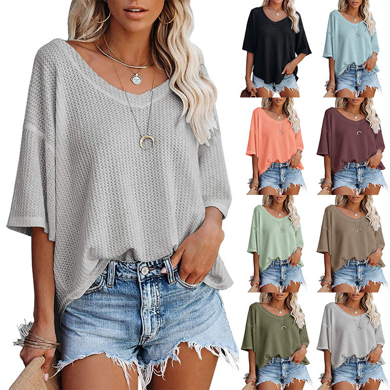 Ladies Top V Neck Knit Loose Solid Color Dolman Sleeve T-Shirt