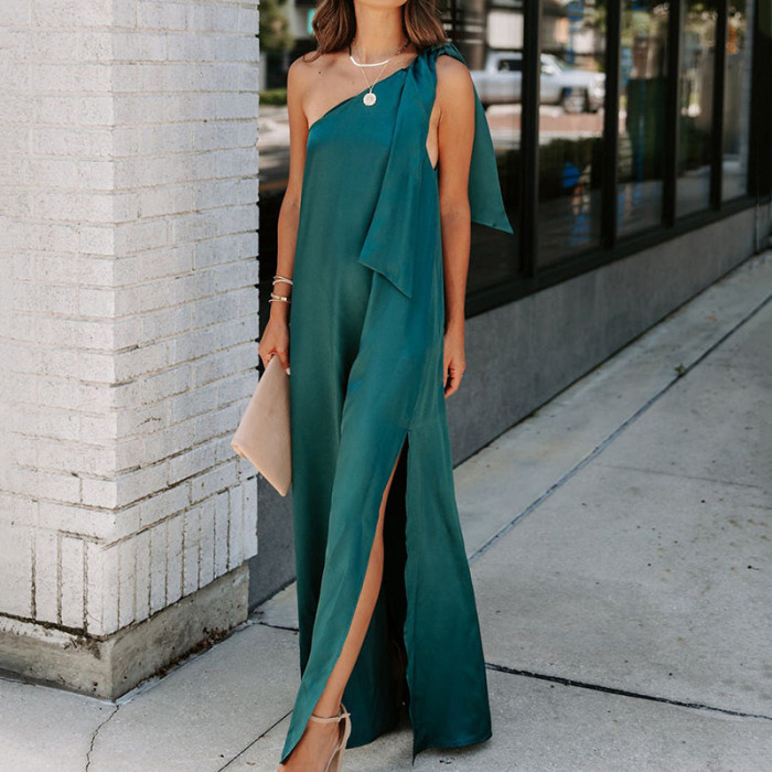 Fashion Sleeveless Loose Elegant One Shoulder Bohemian Casual Solid Maxi Dress