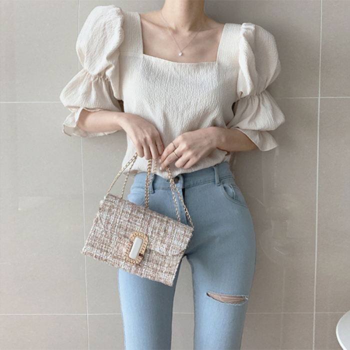 Women's Vacation Sweet Puff Sleeve Simple Solid Color Fashion  Blouse Y2k Top
