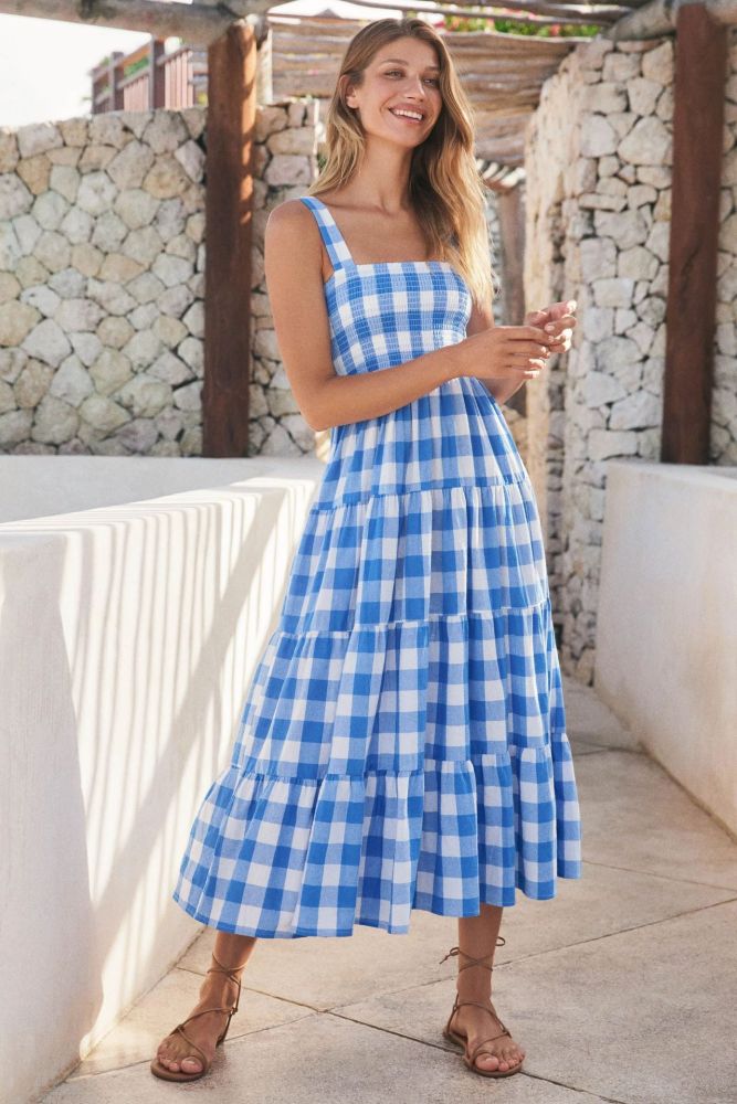 Sexy Plaid Square Neck Sleeveless Pleated A-Line Vintage Party Maxi Dress