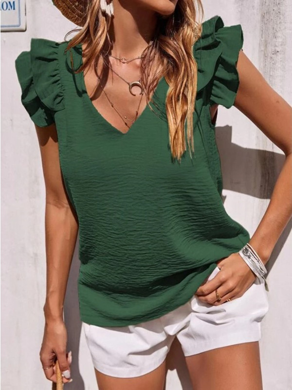 Elegant Fashion Pleated Sleeveless V Neck Loose Solid Color  Blouses & Shirts