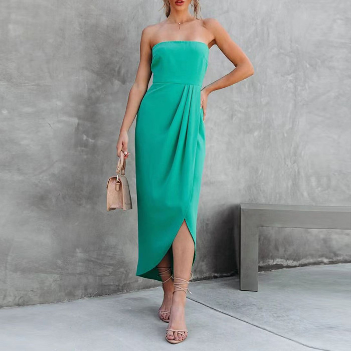New Elegant Wrap Hip Neck Sexy Slit Color Solid Color   Midi Dresses