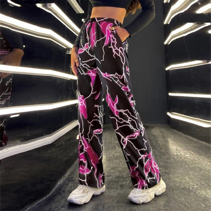 Ladies Fashion Print Hip Hop Straight Loose Wide Leg Casual Pants