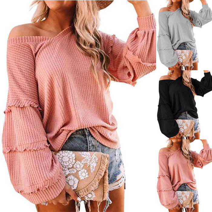 Loose Ruffle Trim V Neck Solid Color Long Sleeve Knitted Shirt