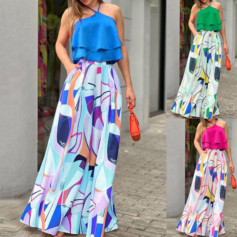 Women's Elegant Ruffled Sleeveless Top Fashion Long Skirt Two Pieces