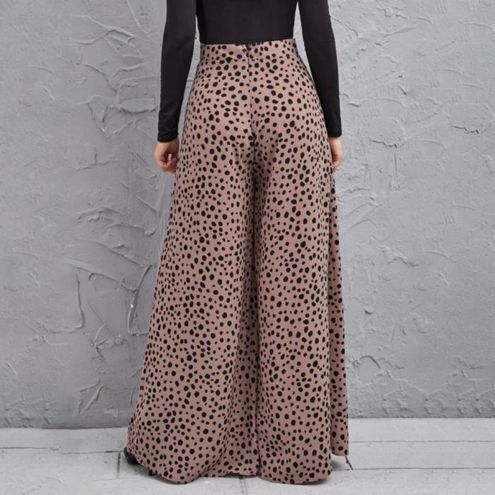 Loose Ladies Elegant Leopard Print High Waist Wide Leg Trousers