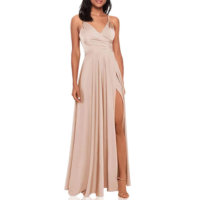 Fashion Party Suspenders Solid Color Sexy V-Neck Slit  Maxi Dress