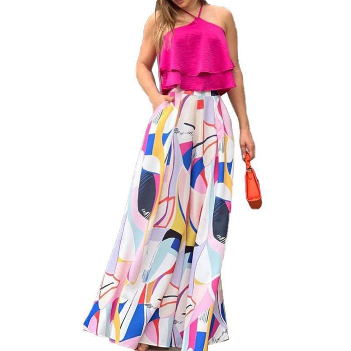 Women's Elegant Ruffled Sleeveless Top Fashion Long Skirt Two Pieces