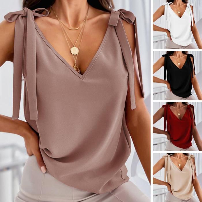 Tops Lace Up Deep V Neck Solid Color Sleeveless Loose Casual Blouses & Shirts