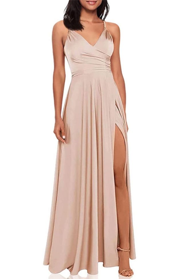 Fashion Party Suspenders Solid Color Sexy V-Neck Slit  Maxi Dress