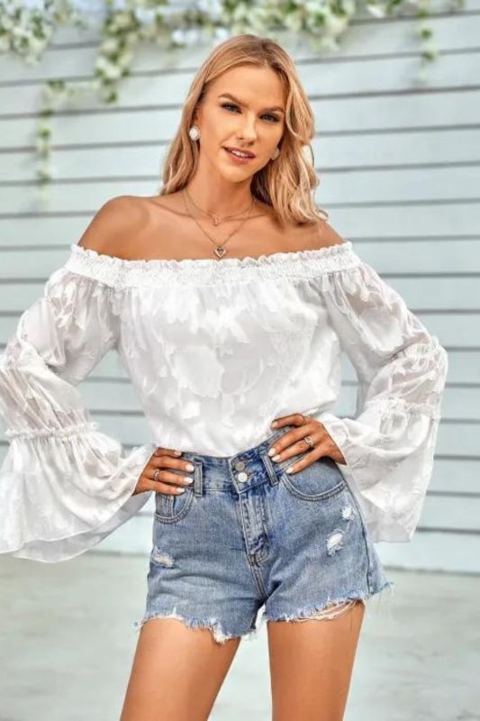 Women's Casual Solid Color Strapless Long Sleeve Printed Hollow Sexy  Blouses & Shirts
