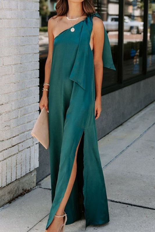 Fashion Sleeveless Loose Elegant One Shoulder Bohemian Casual Solid Maxi Dress