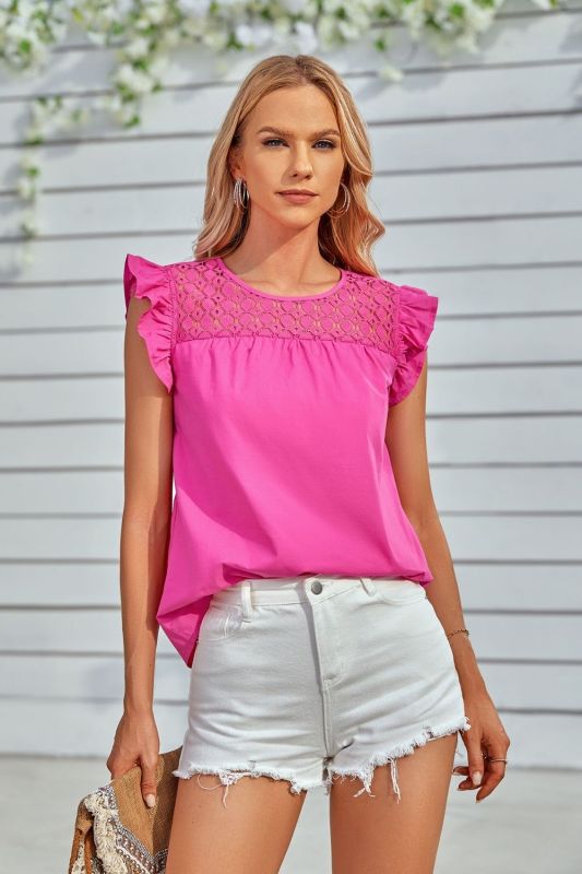 Elegant Butterfly Sleeve Fashion O Neck Lace Casual Solid Color  Blouses & Shirts