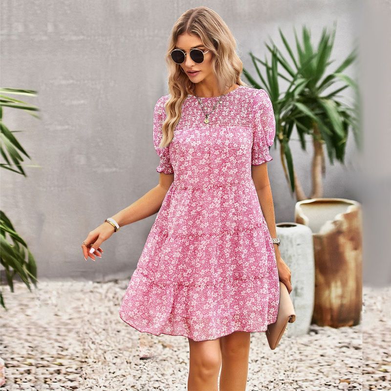 O-neck Beach Floral Puff Sleeves Bohemian Fashion A-line Casual Dress