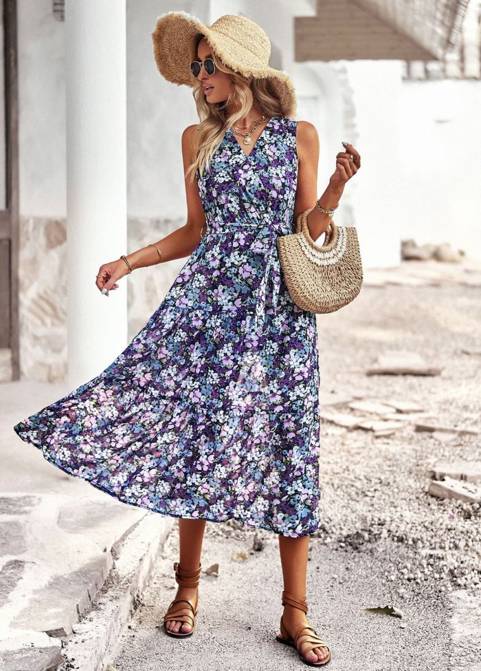 Elegant Sleeveless V-Neck Vest Fashion Floral Casual  Maxi Dress