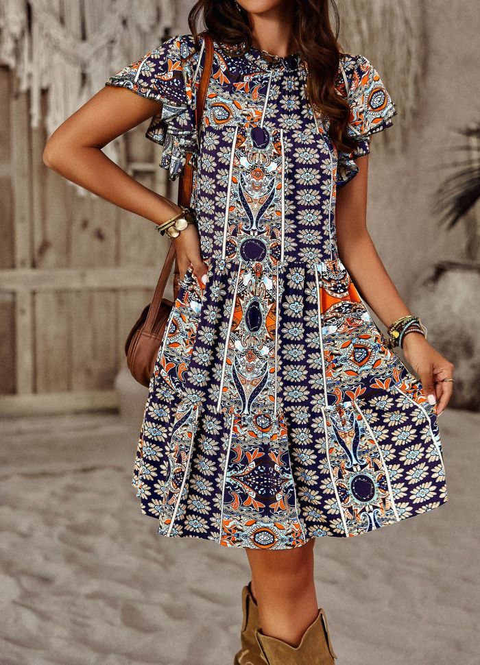 Vintage Ethnic Print Casual Sexy V-neck Panel Pleated Dress
