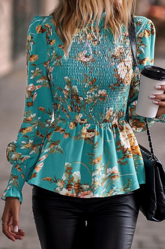 Women's Fashion Waist Neck Round Neck Top Long Sleeve Floral Blouse