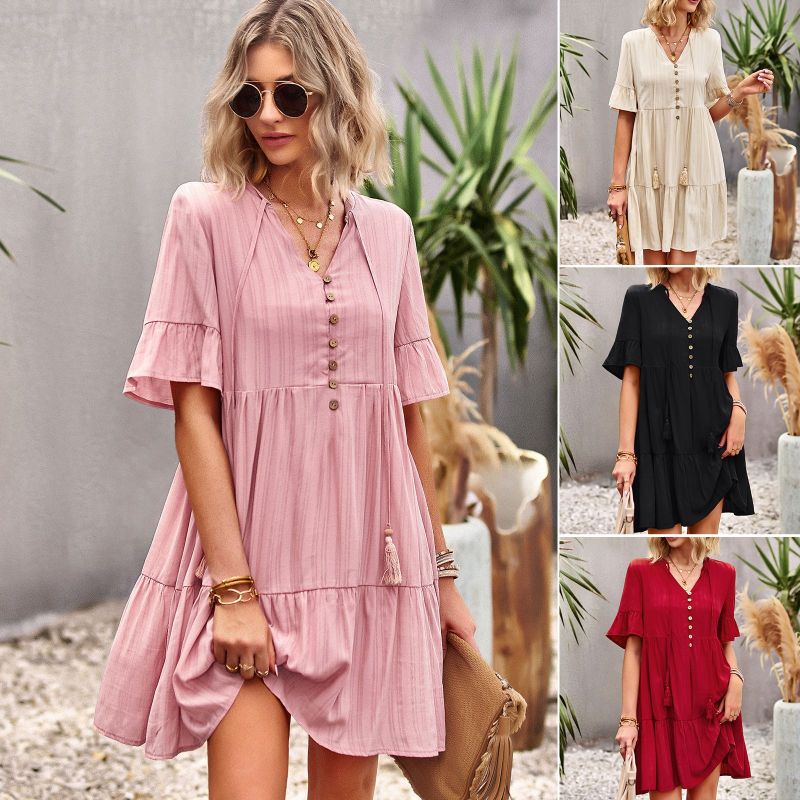 Women Fashion Solid Color Boho Swing Casual Dress