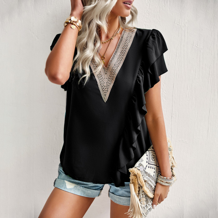 Fashion Solid Color Design Ruffle Lace V Neck Casual Loose  Blouses & Shirts