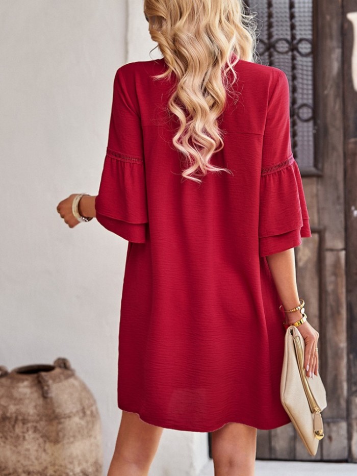 Fashion Summer Lace Loose Relaxed V-neck Butterfly Sleeve Party Dress