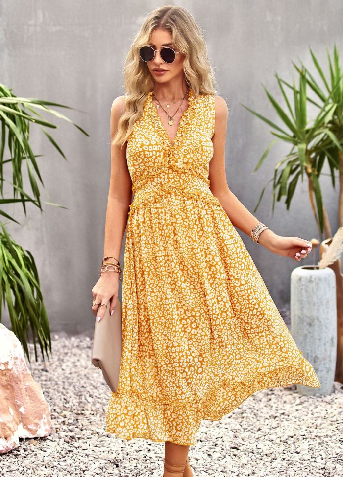 Summer Sleeveless Ruffle Fashion A Line Deep V Neck Elegant Party  Maxi Dress
