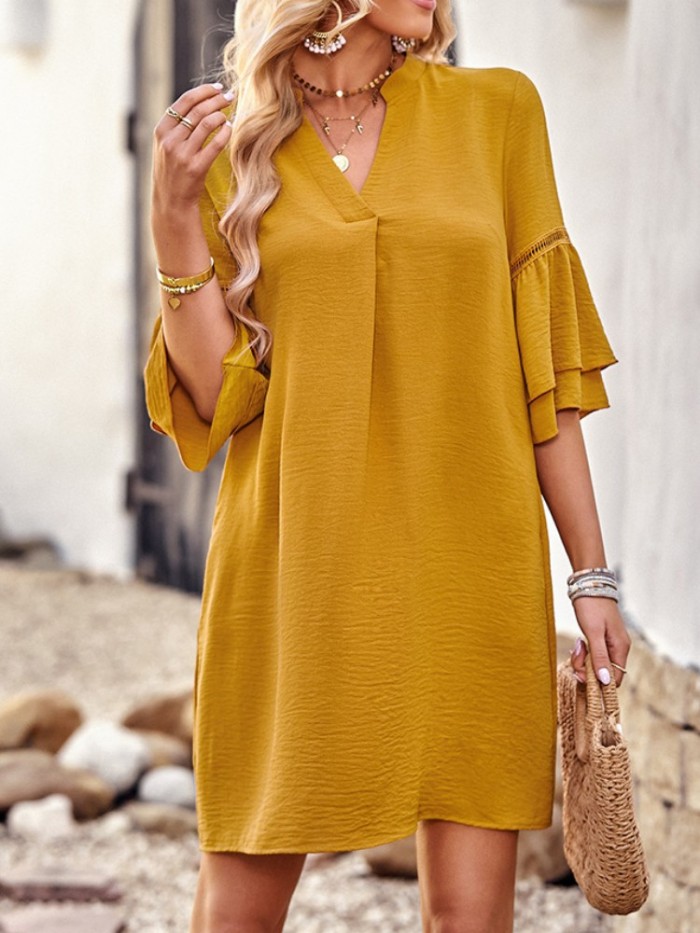 Fashion Summer Lace Loose Relaxed V-neck Butterfly Sleeve Party Dress