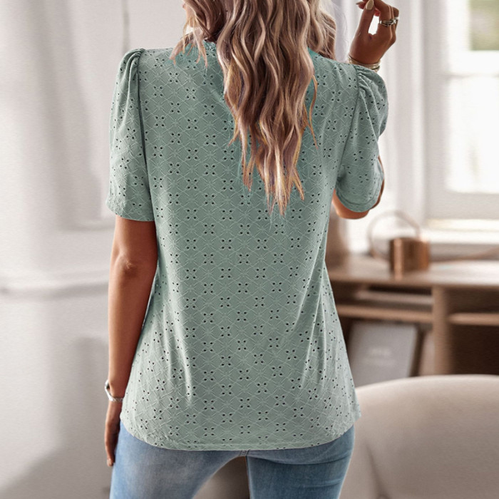Women's Fashion Casual Loose Hollow Out Round Neck  Blouses & Shirts Top