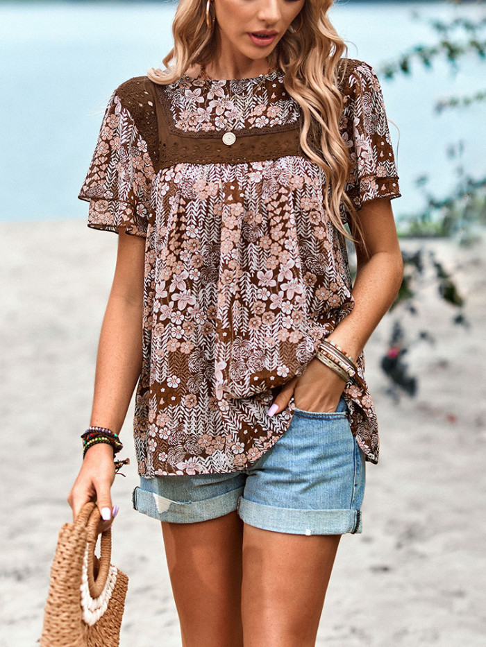 Trendy Floral Boho Vintage O Neck Summer Casual  Blouses & Shirts Top