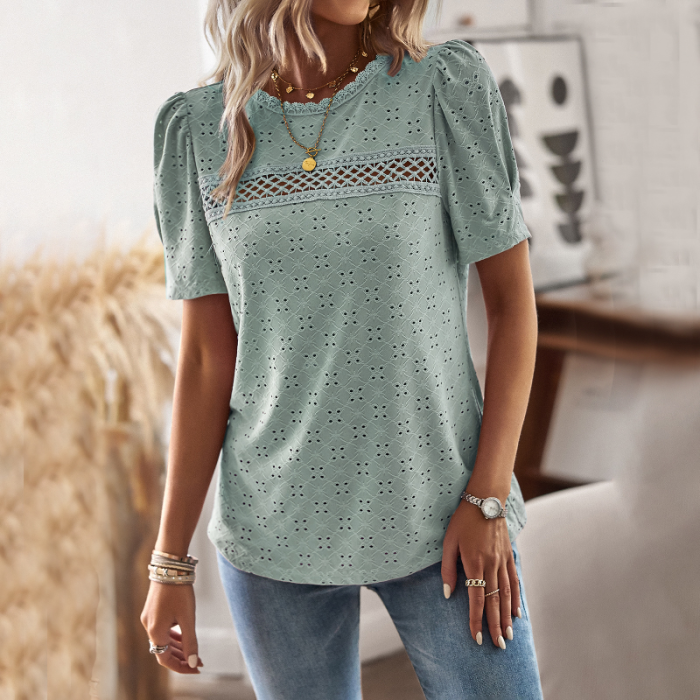 Women's Fashion Casual Loose Hollow Out Round Neck  Blouses & Shirts Top