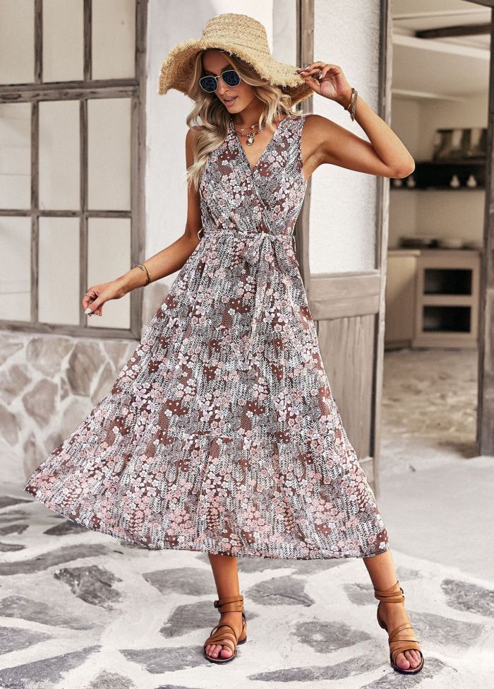 Elegant Sleeveless V-Neck Vest Fashion Floral Casual  Maxi Dress