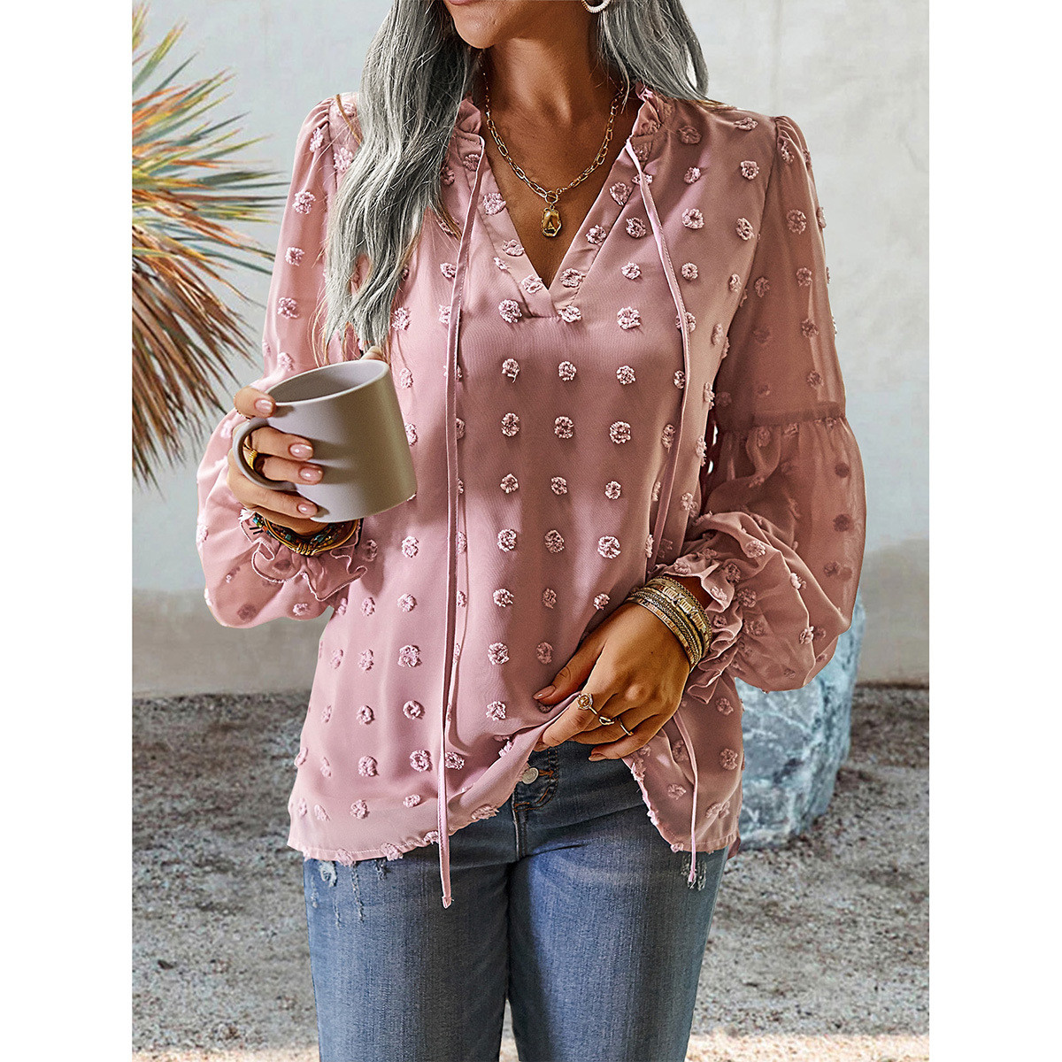 Elegant V-neck Office Lady Jacquard Long Sleeve Blouse