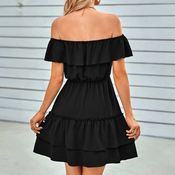 Sexy Off-Shoulder Plain A-Line Ruffled Short-Sleeve Mini Dress
