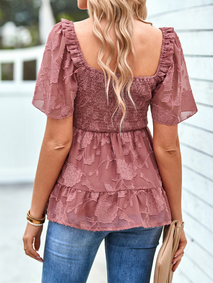 Elegant Square Neck Ruffle Sleeve Embroidered Casual Slim  Blouses & Shirts