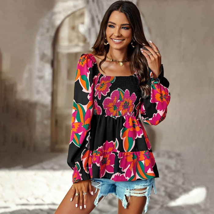Women's Square Neck Long Sleeve Temperament Casual Printed  Blouses & Shirts