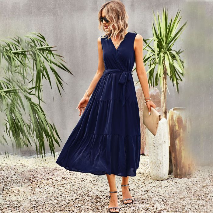 Sleeveless V Neck Casual Party Elegant Fit Solid Color Maxi Dress