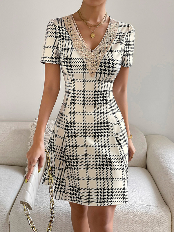 Elegant Lace Stitching Casual Plaid Puff Sleeve A-line Fashion Slim V Neck Dress