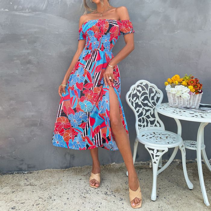 Sexy Off The Shoulder Flower Print Elegant Fashion Bohemian Maxi Dress