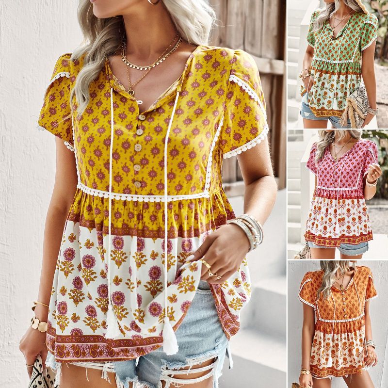 Fashion Print Summer Style Commuter V-neck Short Sleeve Blouses & Shirts