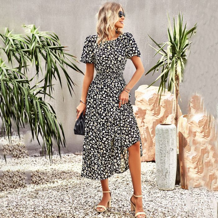 Trendy Floral Print Party Elegant Bohemian O-Neck Maxi Dress