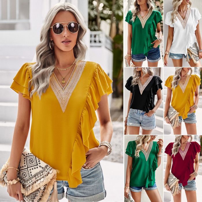 Fashion Solid Color Design Ruffle Lace V Neck Casual Loose  Blouses & Shirts