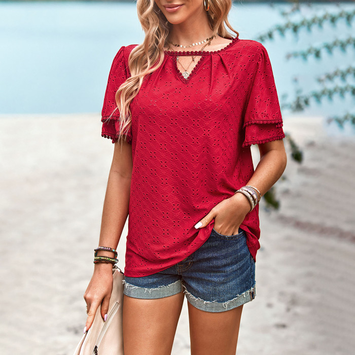 Printed Bohemian Style V Neck Tie Casual Holiday  Blouses & Shirts Top