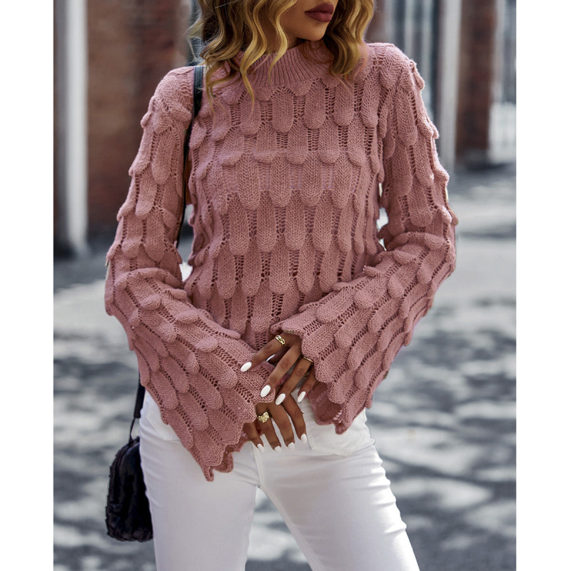 Knitted Pullovers O-neck Lantern Sleeve Hollow Out Soft Knitwear Sweaters