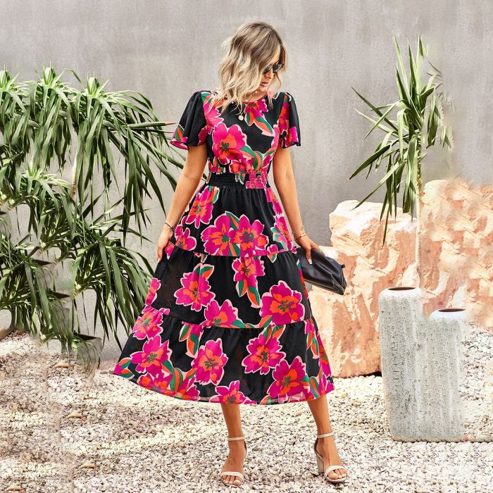 Trendy Floral Print Party Elegant Bohemian O-Neck Maxi Dress